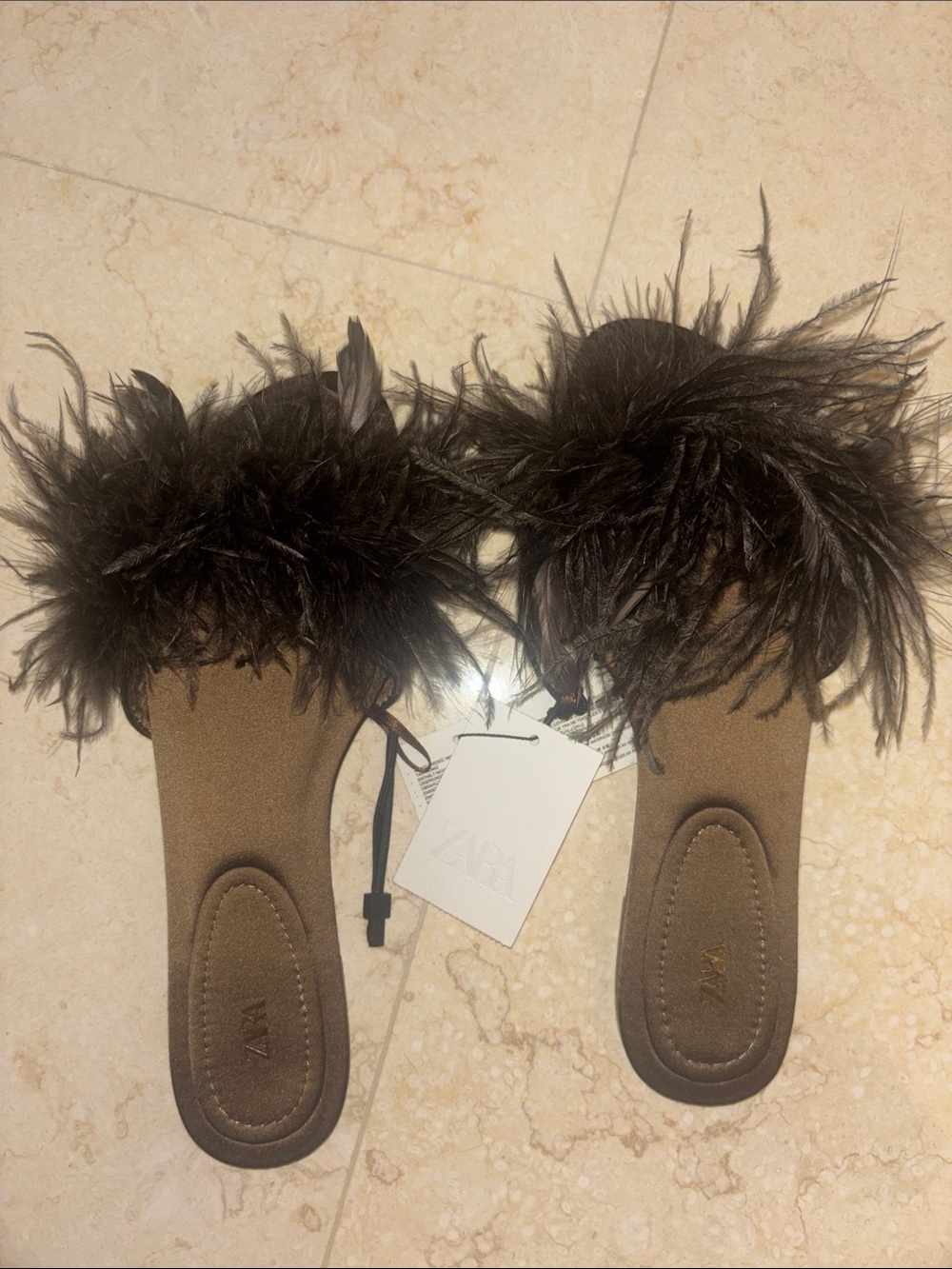 Zara Brown Feather Slide Sandals